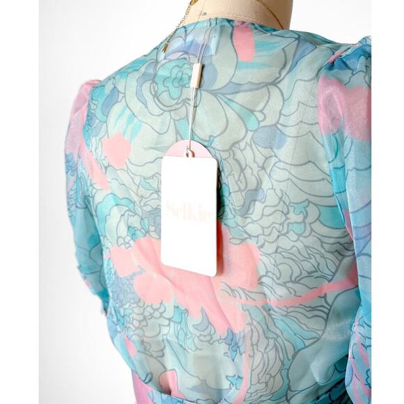 NEW Selkie Feminine Cloud 9 Blue and Pink Champagne Mod Print Wrap Top - Picture 2 of 11